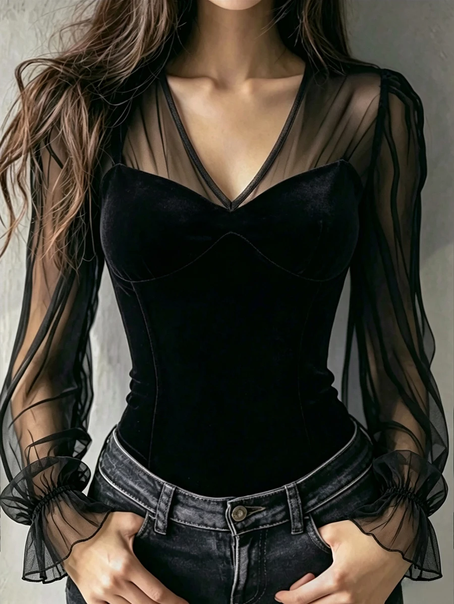 SHEIN Fiorisel Latest Women's French Vintage Velvet & Mesh Patchwork V-Neck Top, Featuring Velvet And Mesh Contrast Design, Slim-Fit Velvet Body With Sheer Mesh Lantern Sleeves And Ruffle Cuffs, Creating A Gentle Atmosphere, Suitable For Dating, Commuting, Light French Style Outfits, Versatile High-End Top - Black - View 1