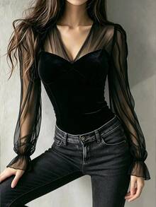 SHEIN Fiorisel Latest Women's French Vintage Velvet & Mesh Patchwork V-Neck Top, Featuring Velvet And Mesh Contrast Design, Slim-Fit Velvet Body With Sheer Mesh Lantern Sleeves And Ruffle Cuffs, Creating A Gentle Atmosphere, Suitable For Dating, Commuting, Light French Style Outfits, Versatile High-End Top - Black - View 5
