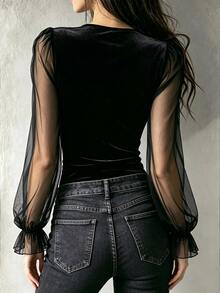 SHEIN Fiorisel Latest Women's French Vintage Velvet & Mesh Patchwork V-Neck Top, Featuring Velvet And Mesh Contrast Design, Slim-Fit Velvet Body With Sheer Mesh Lantern Sleeves And Ruffle Cuffs, Creating A Gentle Atmosphere, Suitable For Dating, Commuting, Light French Style Outfits, Versatile High-End Top - Black - View 2