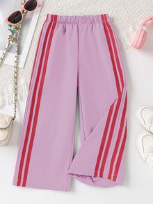 Genkimix Kids Young Girl Colorblock Striped Wide Leg Pants - Purple - View 3