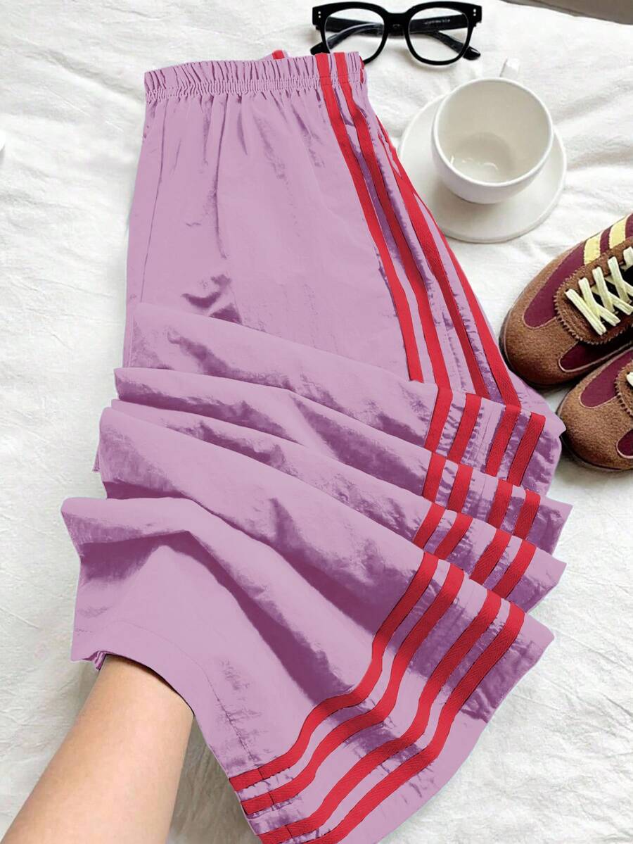 Genkimix Kids Young Girl Colorblock Striped Wide Leg Pants - Purple - View 1