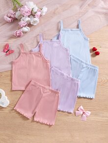 SHEIN 3件組少女春/夏花卉刺繡蝴蝶結背心與短褲內衣套裝，適合秋季 - 彩色 - 查看 2