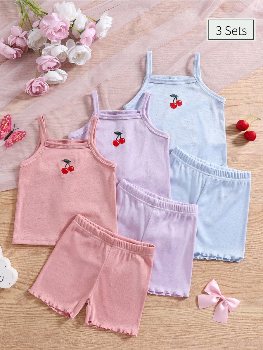 SHEIN 3件組少女春/夏花卉刺繡蝴蝶結背心與短褲內衣套裝,適合秋季 - 彩色 - 查看 1