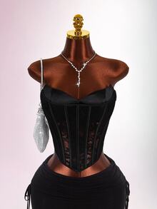 Amplova Atasan Wanita Motif Renda dengan Cup, Bustier Renda Transparan 2 in 1, Seksi - Hitam - View 8