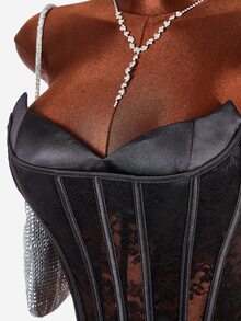 Amplova Atasan Wanita Motif Renda dengan Cup, Bustier Renda Transparan 2 in 1, Seksi - Hitam - View 13