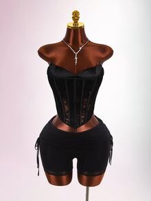 Amplova Atasan Wanita Motif Renda dengan Cup, Bustier Renda Transparan 2 in 1, Seksi - Hitam - View 10