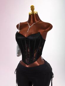 Amplova Atasan Wanita Motif Renda dengan Cup, Bustier Renda Transparan 2 in 1, Seksi - Hitam - View 12