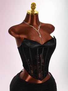 Amplova Atasan Wanita Motif Renda dengan Cup, Bustier Renda Transparan 2 in 1, Seksi - Hitam - View 14