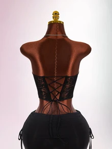 Amplova Atasan Wanita Motif Renda dengan Cup, Bustier Renda Transparan 2 in 1, Seksi - Hitam - View 9