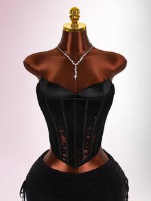 Amplova Atasan Wanita Motif Renda dengan Cup, Bustier Renda Transparan 2 in 1, Seksi - Hitam - View 11