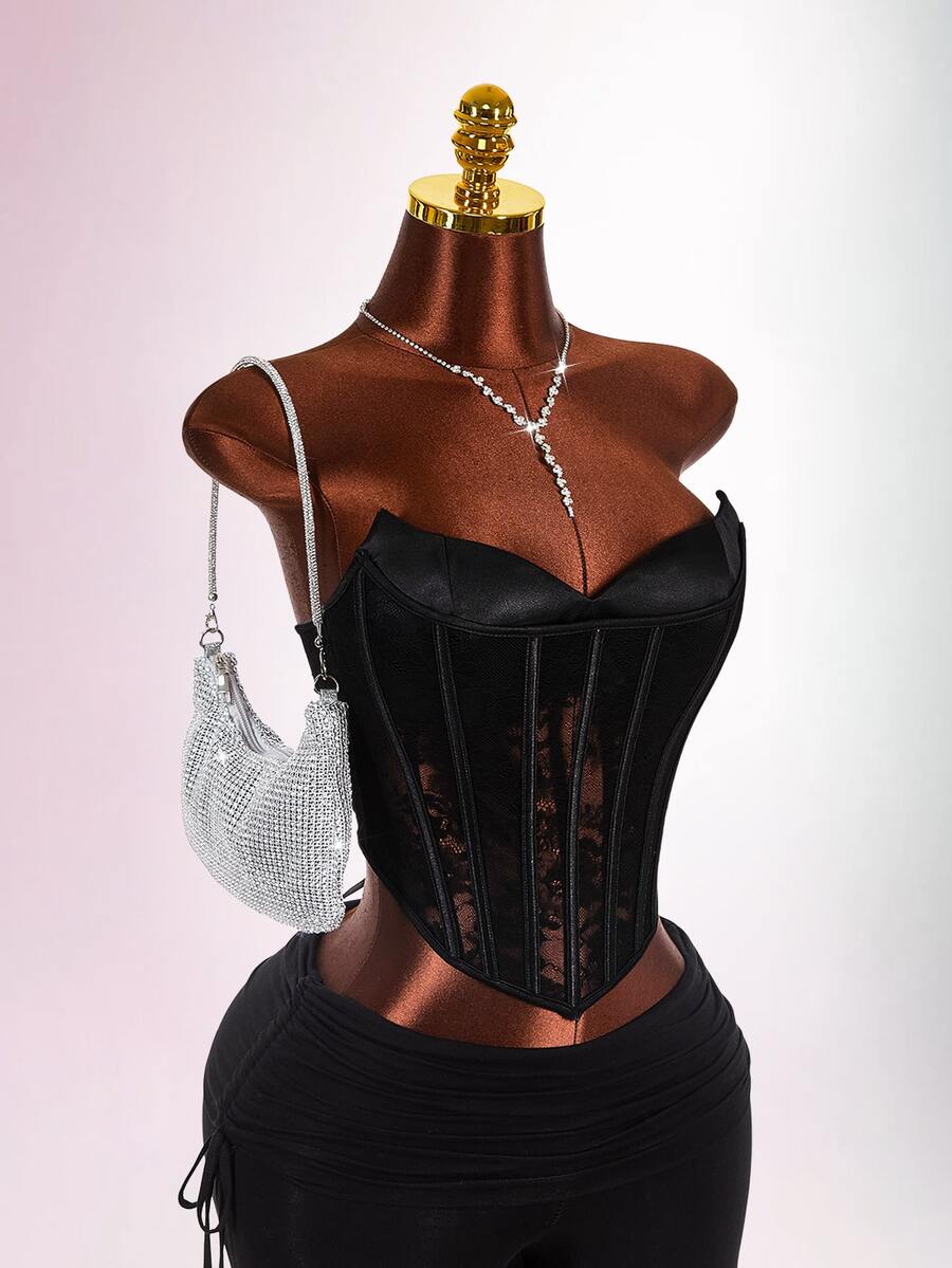 Amplova Atasan Wanita Motif Renda dengan Cup, Bustier Renda Transparan 2 in 1, Seksi - Hitam - View 1