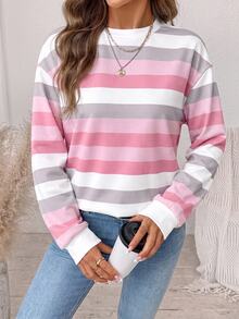 SHEIN LUNE 女款秋季休閒拼色條紋運動衫 - 白色 - 查看 6