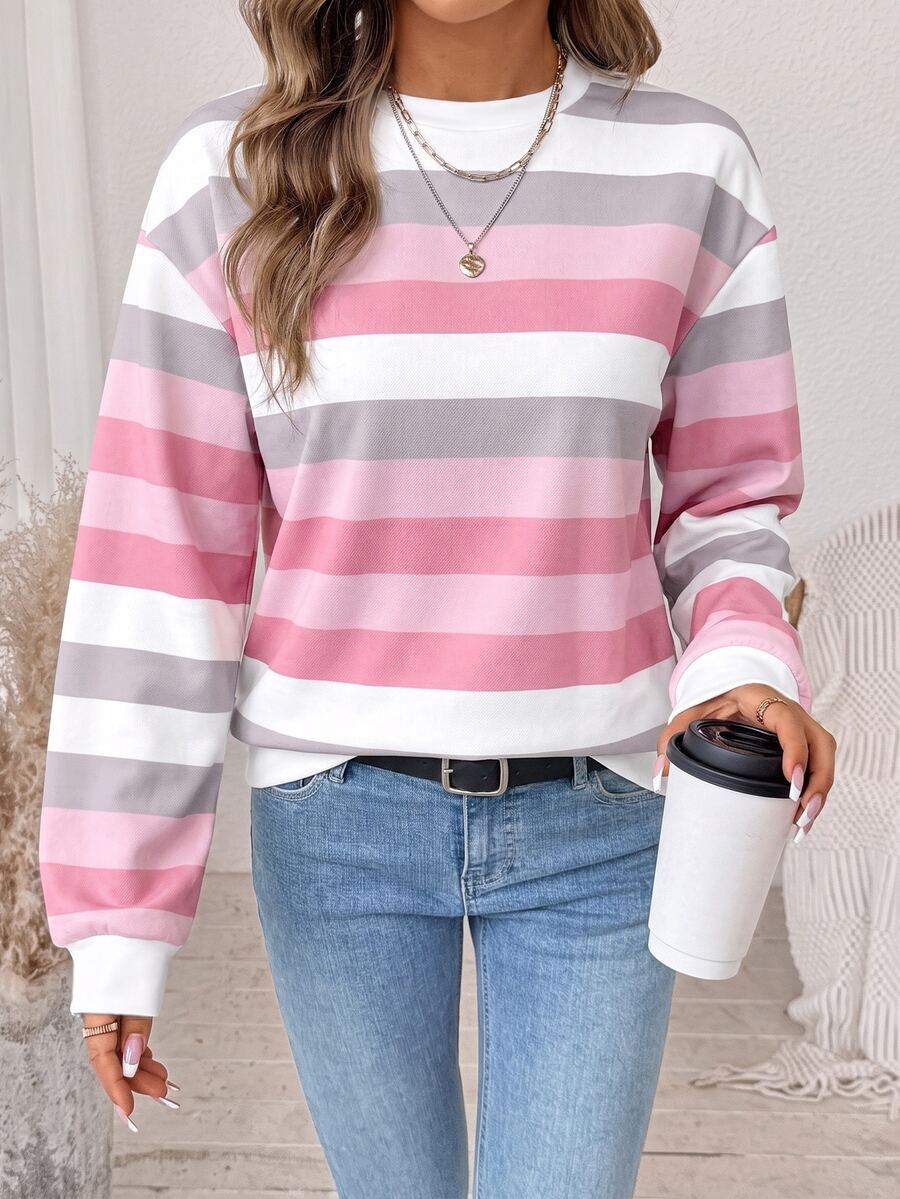 SHEIN LUNE 女款秋季休閒拼色條紋運動衫 - 白色 - 查看 1