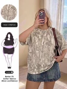 SHEIN CURVE+ 大尺碼 22W 女款休閒極簡寬鬆圓領T恤,適合秋冬穿著 - 彩色 - 查看 2