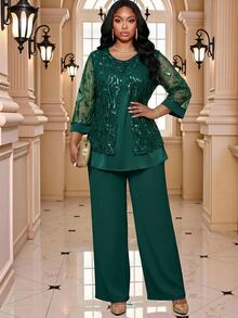 Fleurora Emerald Green Plus Size Women's Plant Sequin Mesh Top And Pants Elegant Two Pieces Set Formal Gym Wedding Guest Evening Wedding Autumn Fall - Dark Green - View 5