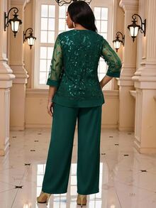 Fleurora Emerald Green Plus Size Women's Plant Sequin Mesh Top And Pants Elegant Two Pieces Set Formal Gym Wedding Guest Evening Wedding Autumn Fall - Dark Green - View 3