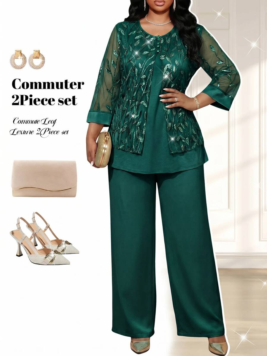 Fleurora Emerald Green Plus Size Women's Plant Sequin Mesh Top And Pants Elegant Two Pieces Set Formal Gym Wedding Guest Evening Wedding Autumn Fall
