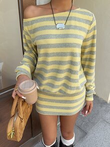 Flirla 女款秋季淺黃色撞色針織迷你洋裝，不對稱肩長袖貼身剪裁，街頭復古學院風休閒外出早午餐穿搭 - 黃色 - 查看 3