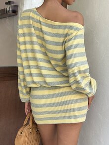 Flirla 女款秋季淺黃色撞色針織迷你洋裝，不對稱肩長袖貼身剪裁，街頭復古學院風休閒外出早午餐穿搭 - 黃色 - 查看 2