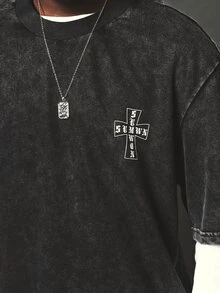 SUMWON Washed Boxy Crop T-Shirt With Cross Graphic And Gothic Text Print On Chest And Back - Oversized Streetwear Style - Black - View 2