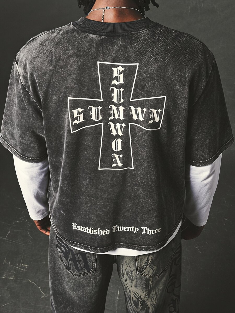 SUMWON Washed Boxy Crop T-Shirt With Cross Graphic And Gothic Text Print On Chest And Back - Oversized Streetwear Style - Black - View 1