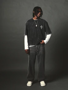 SUMWON Washed Boxy Crop T-Shirt With Cross Graphic And Gothic Text Print On Chest And Back - Oversized Streetwear Style - Black - View 5