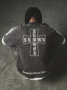 SUMWON Washed Boxy Crop T-Shirt With Cross Graphic And Gothic Text Print On Chest And Back - Oversized Streetwear Style - Black - View 6