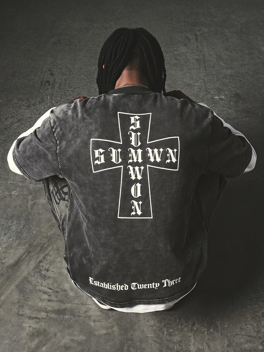 SUMWON Washed Boxy Crop T-Shirt With Cross Graphic And Gothic Text Print On Chest And Back - Oversized Streetwear Style - Black - View 1