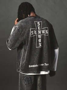 SUMWON Washed Boxy Crop T-Shirt With Cross Graphic And Gothic Text Print On Chest And Back - Oversized Streetwear Style - Black - View 4