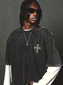 SUMWON Washed Boxy Crop T-Shirt With Cross Graphic And Gothic Text Print On Chest And Back - Oversized Streetwear Style - Black - View 3