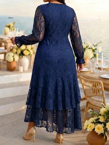 Fleurora Plus-Size Women's V-Neck Lace Dress Wedding Guest Dress Elegant Dress Winter Dress Fall Clothes Festival Outfits For Women Birthday Dress Church Dress - Navy Blue - View 3
