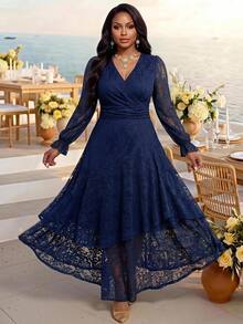Fleurora Plus-Size Women's V-Neck Lace Dress Wedding Guest Dress Elegant Dress Winter Dress Fall Clothes Festival Outfits For Women Birthday Dress Church Dress - Navy Blue - View 6