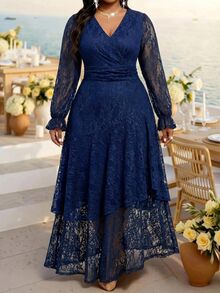 Fleurora Plus-Size Women's V-Neck Lace Dress Wedding Guest Dress Elegant Dress Winter Dress Fall Clothes Festival Outfits For Women Birthday Dress Church Dress - Navy Blue - View 5