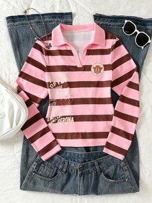 SHEIN Sparklyn 青少年女孩時尚休閒優雅可愛街頭風混色條紋蕾絲飾邊長袖T恤 秋季 - 彩色 - 查看 7