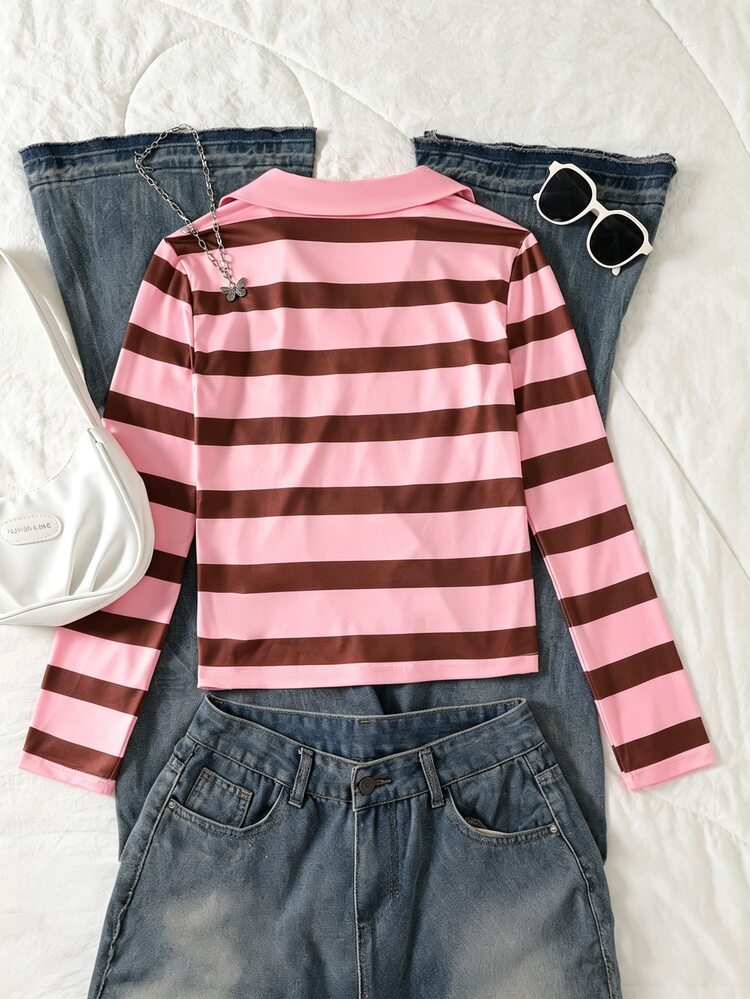 SHEIN Sparklyn تي شيرت طويل الأكمام للفتيات المراهقات بتصميم عصري أنيق وجميل بأسلوب الشارع مع خطوط مختلطة وحافة دانتيل للخريف - متعدد الألوان - مشاهدة 2