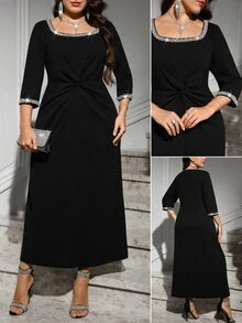Reflora Plus Size Elegant Casual Party Cocktail Formal Beaded Twist Knot Dress Autumn Black - Black - View 3