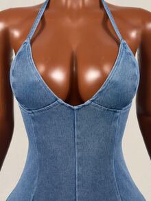 Mistrie Women's Fashion Streetwear Halter Neck Tie Denim Jumpsuit - Blue - View 5