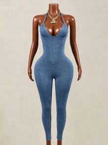 Mistrie Women's Fashion Streetwear Halter Neck Tie Denim Jumpsuit - Blue - View 7