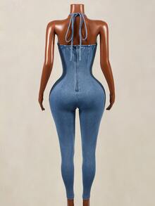 Mistrie Women's Fashion Streetwear Halter Neck Tie Denim Jumpsuit - Blue - View 2