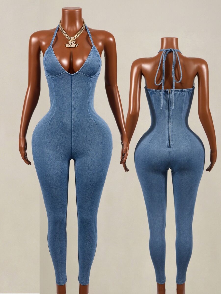 Mistrie Women's Fashion Streetwear Halter Neck Tie Denim Jumpsuit - Blue - View 1