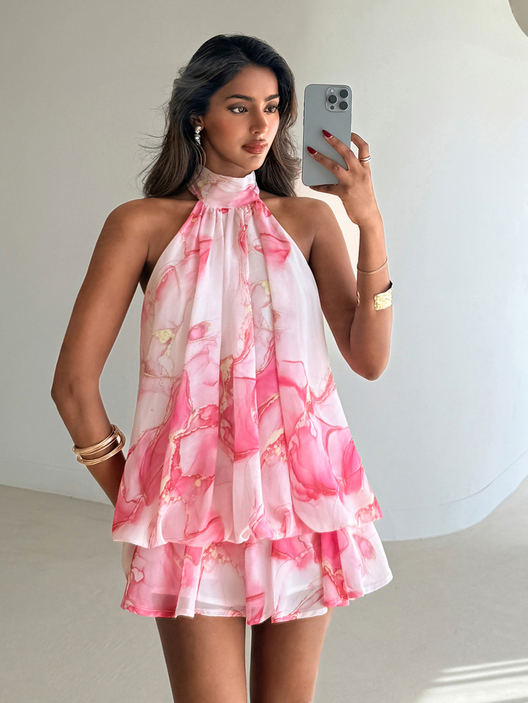 Aloruh Women's Elegant Tropical Halter Neck Tie Mini Floral Dress,Summer Holiday Vacation White And Pink Tea Party Boho Beach Brunch Outfits For Woman - Baby Pink - View 6