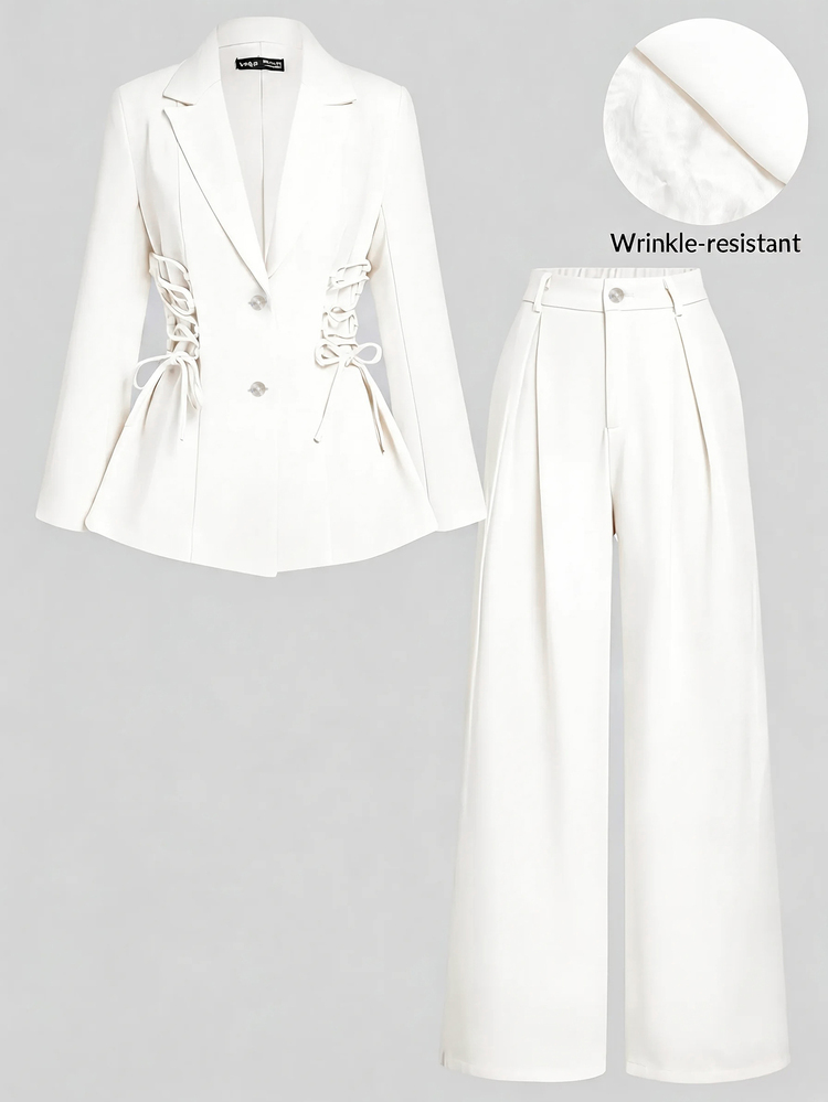 SHEIN MOD Women's Solid Color Tie-Waist Long Sleeve Jacket And Pants Casual Business Casual Elegant Commute Suit Set Teachers' Day Office Off-White Summer - White - View 1