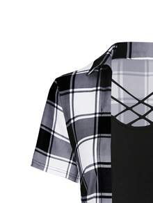 SHEIN LUNE Plus Plaid Print Crisscross Front 2 In 1 Tee Graphic Tees Women Tops - Black and White - View 4