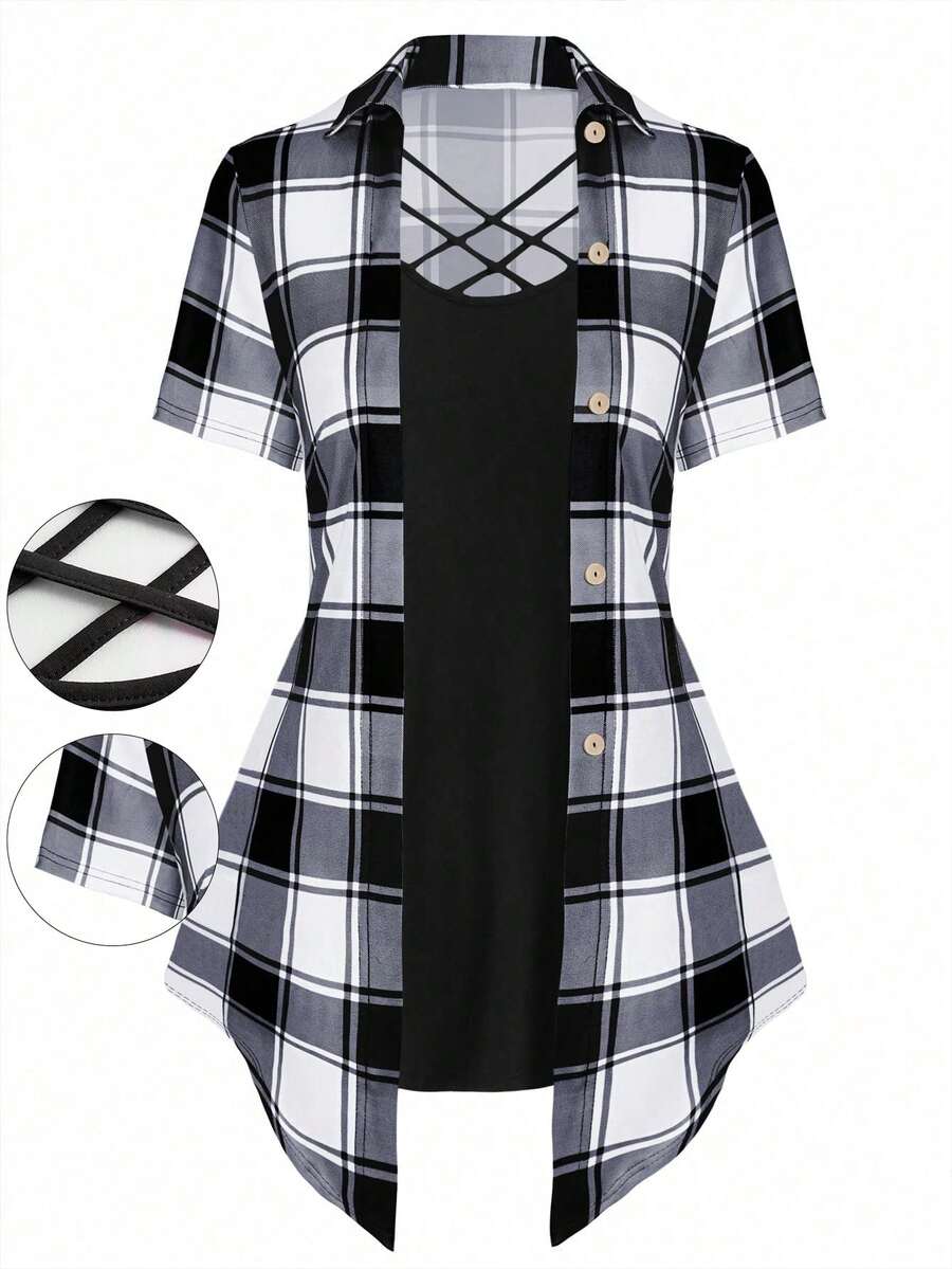 SHEIN LUNE Plus Plaid Print Crisscross Front 2 In 1 Tee Graphic Tees Women Tops - Black and White - View 1