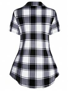 SHEIN LUNE Plus Plaid Print Crisscross Front 2 In 1 Tee Graphic Tees Women Tops - Black and White - View 2