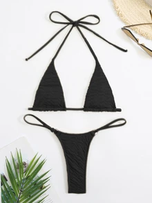 Swim SXY Summer Beach Halter Micro Triangle Thong Bikini Set - Black - View 8