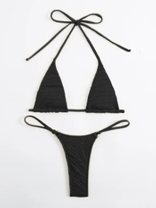 Swim SXY Summer Beach Halter Micro Triangle Thong Bikini Set - Black - View 6