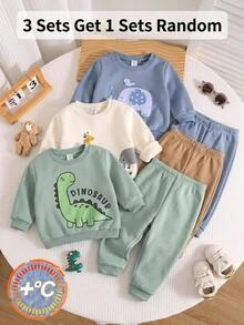 LMoss Kids 男嬰圓領可愛動物圖案休閒衛衣與長秋褲2件套，磨毛加厚布料，適合冬季 - 杏色 - 查看 1