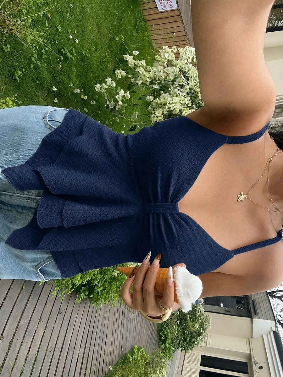 GalTyme Plus Size Summer Casual Solid Color Asymmetrical Hem Cami Top - Navy Blue - View 1