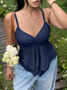 GalTyme Plus Size Summer Casual Solid Color Asymmetrical Hem Cami Top - Navy Blue - View 3